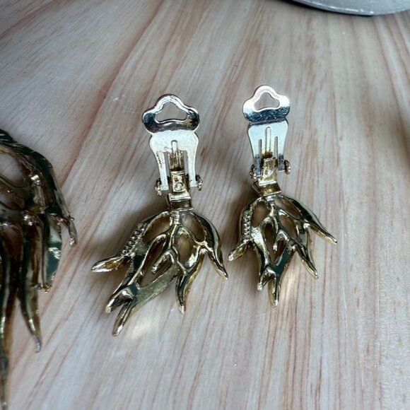 Vtg Doods Brooch & Earring Set Green Iridescent Rhinestones Gold Tone Statement - Picture 8 of 10